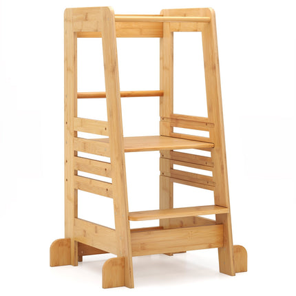 Bamboo Learning Tower for Kids, Adjustable Height & Safety Rails