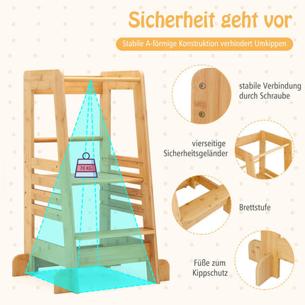 Bamboo Learning Tower for Kids, Adjustable Height & Safety Rails