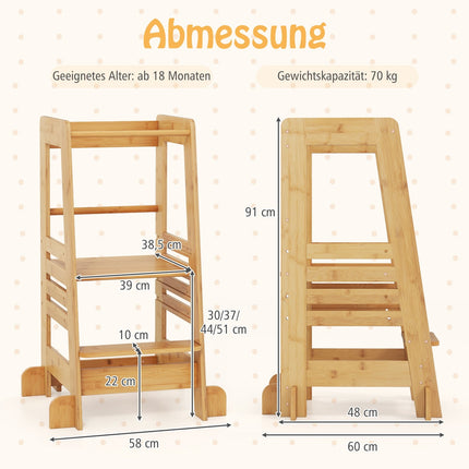 Bamboo Learning Tower for Kids, Adjustable Height & Safety Rails