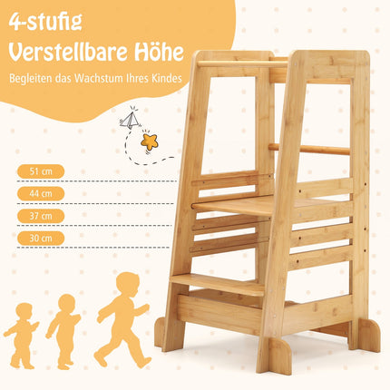 Bamboo Learning Tower for Kids, Adjustable Height & Safety Rails