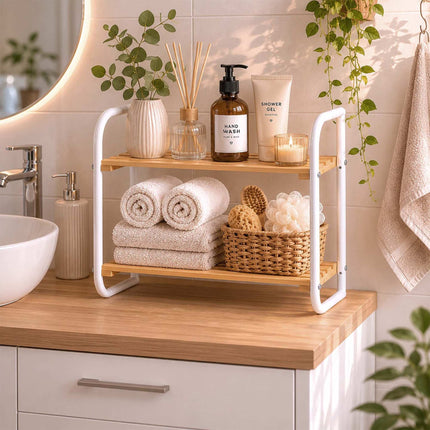 Bamboo & Metal Storage Shelf – Compact, 2-Tier Design