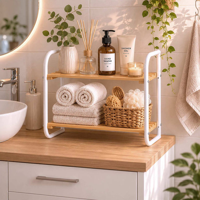 Bamboo & Metal Storage Shelf – Compact, 2-Tier Design