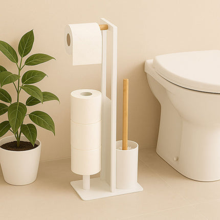 Bamboo & Metal Toilet Roll Holder Set – Freestanding