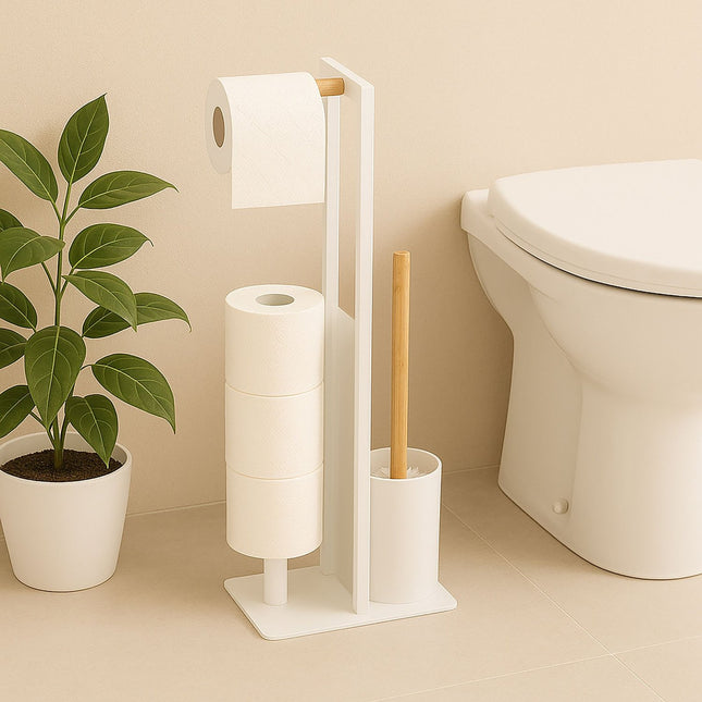 Toiletrolhouderset van bamboe en metaal - vrijstaand
