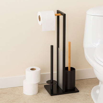 Bamboo & Metal Toilet Roll Holder Set – Freestanding