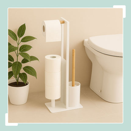 Bamboo & Metal Toilet Roll Holder with Brush Set