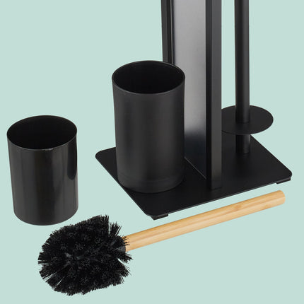 Bamboo & Metal Toilet Roll Holder with Brush Set