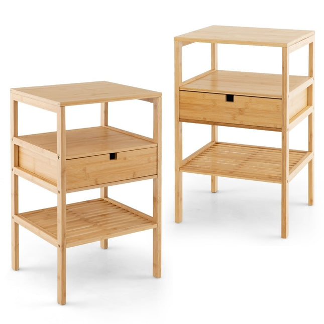 Bamboo Nightstand Set with Drawer & 3-Tier Shelf