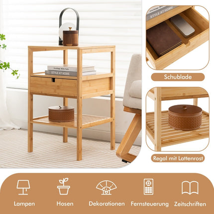 Bamboo Nightstand Set with Drawer & 3-Tier Shelf