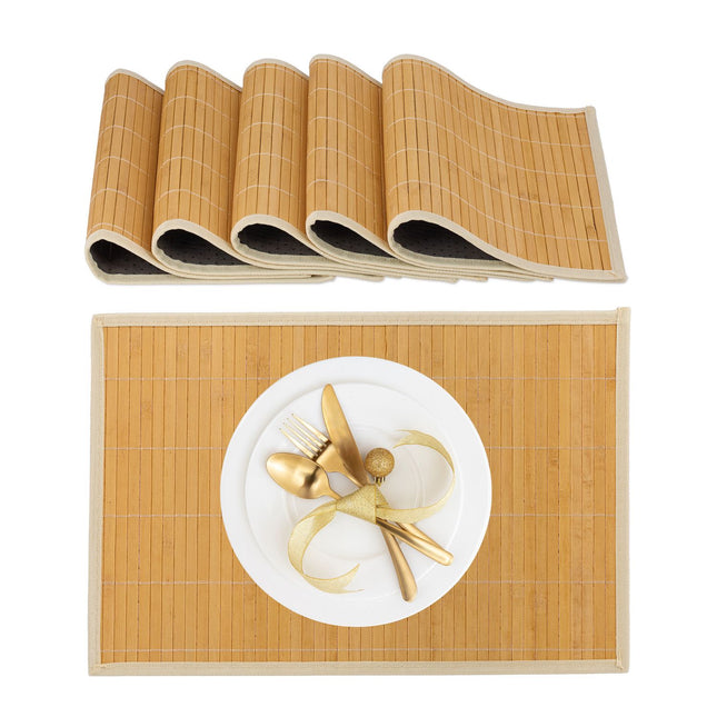 Set van 6 placemats van bamboe en polyester met onderzetters