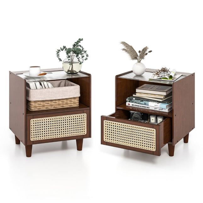 Bamboo & Rattan Nightstand with Drawer, Hidden Storage