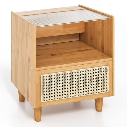 Bamboo & Rattan Nightstand with Drawer, Hidden Storage