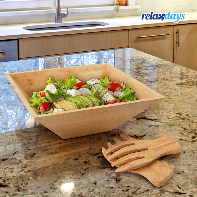 Bamboo Salad Bowl with Serving Forks, Square Design