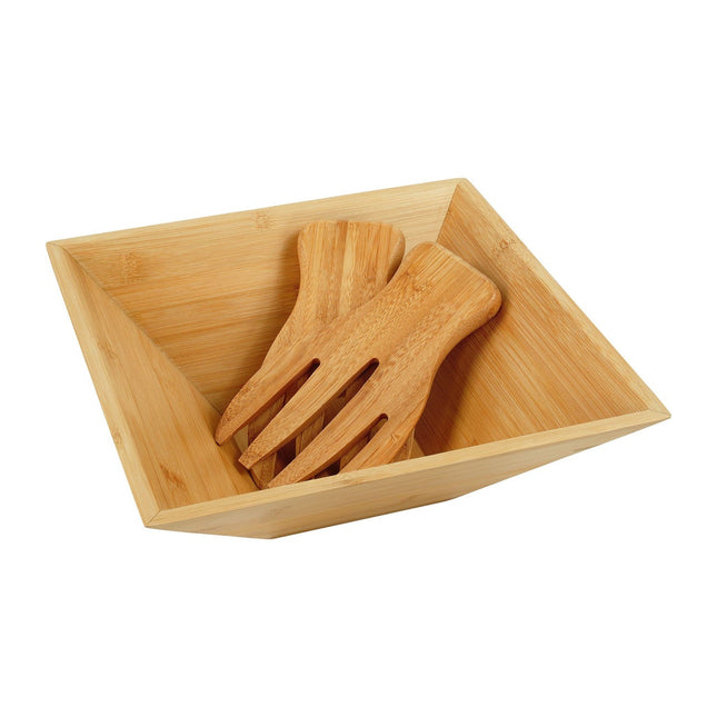 Bamboo Salad Bowl with Serving Forks, Square Design