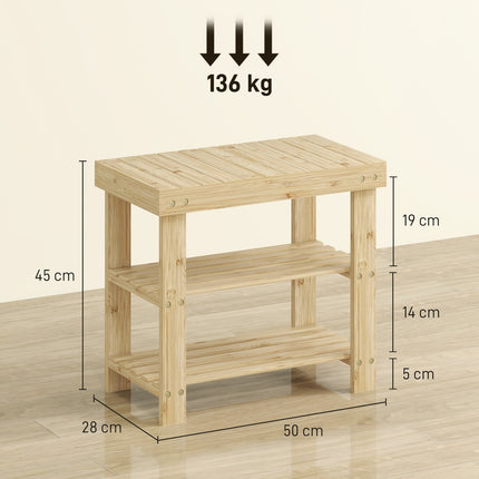 Bamboo Shoe Bench with 2 Shelves, 50x28x45cm, Natural