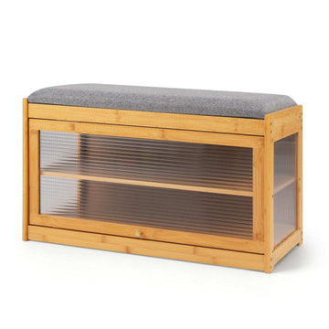 Bamboo Shoe Bench with Cushion, 2-Tier Rack, Natural Finish