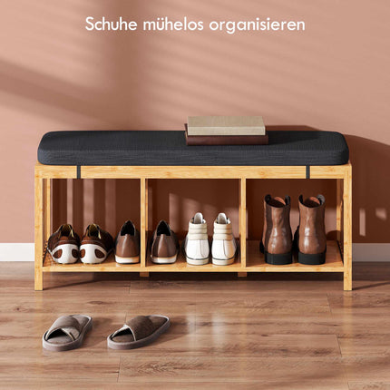 Bamboo Shoe Bench with Cushion, Open Storage, 220kg Capacity