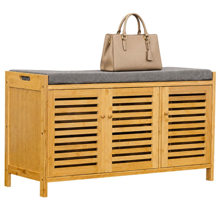 Bamboo Shoe Bench with Padded Seat, 3 Compartments