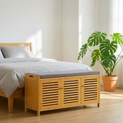 Bamboo Shoe Bench with Padded Seat, 3 Compartments