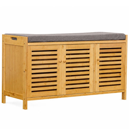 Bamboo Shoe Bench with Padded Seat, 3 Compartments
