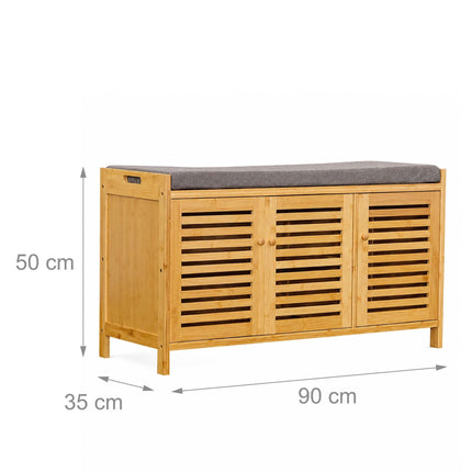 Bamboo Shoe Bench with Padded Seat, 3 Compartments