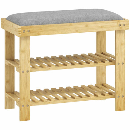 Bamboo Shoe Bench with Storage, 2 Shelves, 60x29x49 cm, Grey