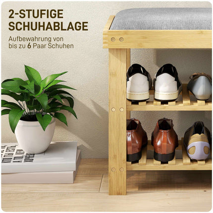 Bamboo Shoe Bench with Storage, 2 Shelves, 60x29x49 cm, Grey