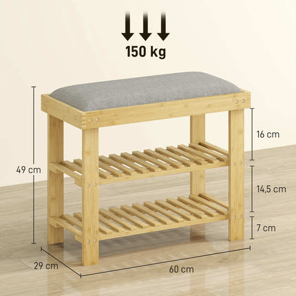 Bamboo Shoe Bench with Storage, 2 Shelves, 60x29x49 cm, Grey