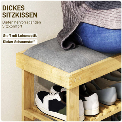 Bamboo Shoe Bench with Storage, 2 Shelves, 60x29x49 cm, Grey