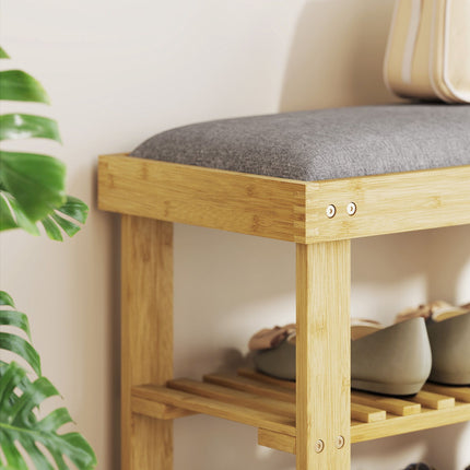 Bamboo Shoe Bench with Storage, 2 Shelves, 60x29x49 cm, Grey