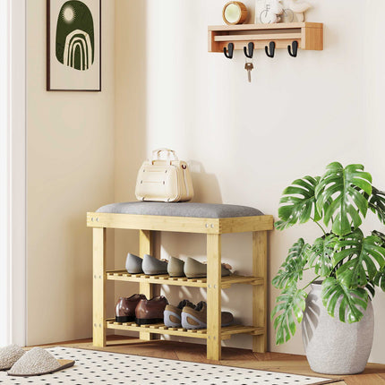 Bamboo Shoe Bench with Storage, 2 Shelves, 60x29x49 cm, Grey