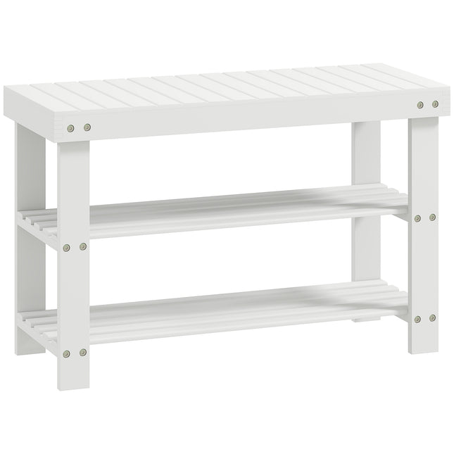 Bamboo Shoe Bench with Storage, 2 Shelves, 70x28x45 cm, White