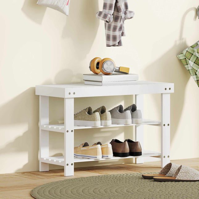 Bamboo Shoe Bench with Storage, 2 Shelves, 70x28x45 cm, White