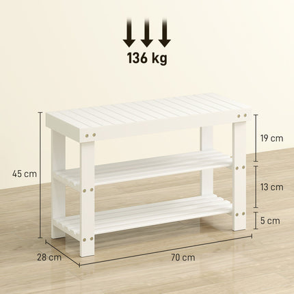 Bamboo Shoe Bench with Storage, 2 Shelves, 70x28x45 cm, White
