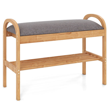 Bamboo Shoe Bench with Storage, Cushion Seat, 2-Tier