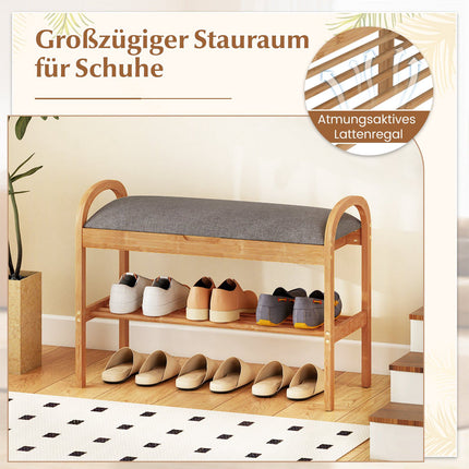 Bamboo Shoe Bench with Storage, Cushion Seat, 2-Tier