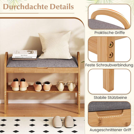 Bamboo Shoe Bench with Storage, Cushion Seat, 2-Tier