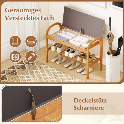 Bamboo Shoe Bench with Storage, Cushion Seat, 2-Tier