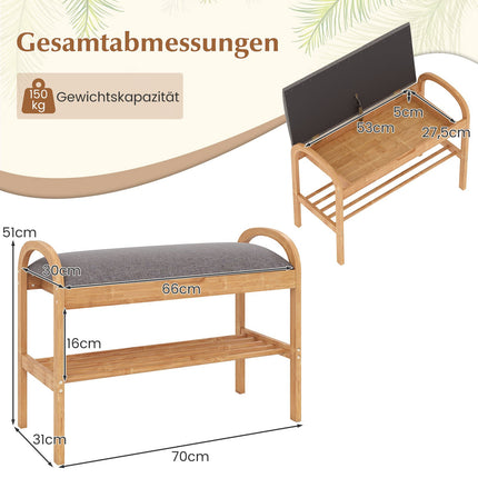 Bamboo Shoe Bench with Storage, Cushion Seat, 2-Tier