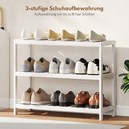 Bamboo Shoe Rack, 3-Tier, White Finish, 70x26x55 cm