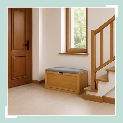Bamboo Shoe Storage Bench with Padded Seat, Holds 8 Pairs