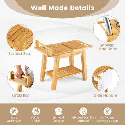 Bamboo Shower Bench with Shelf, 60 x 30 cm, 150 kg