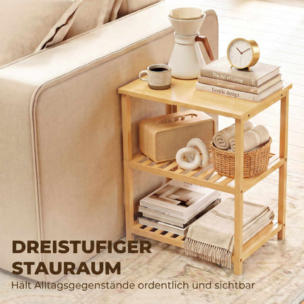 Bamboo Side Table, 3-Tier Slatted Shelves, Natural Finish