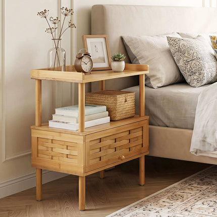 Bamboo Side Table with Flip-Up Door and Open Shelf