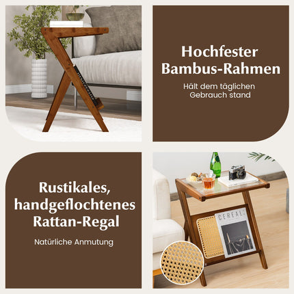Bamboo Side Table with Rattan Magazine Holder & Glass Top