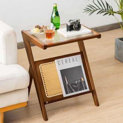 Bamboo Side Table with Rattan Magazine Holder & Glass Top