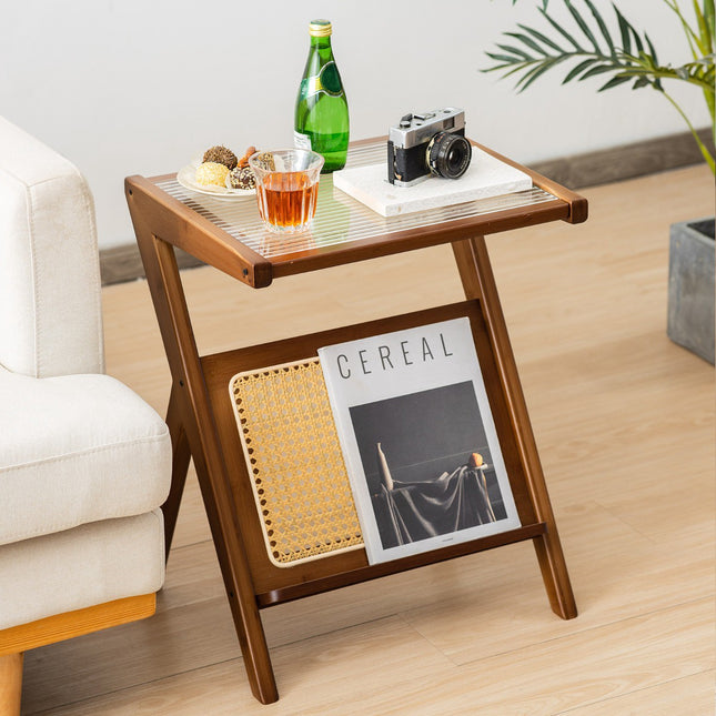 Bamboo Side Table with Rattan Magazine Holder & Glass Top
