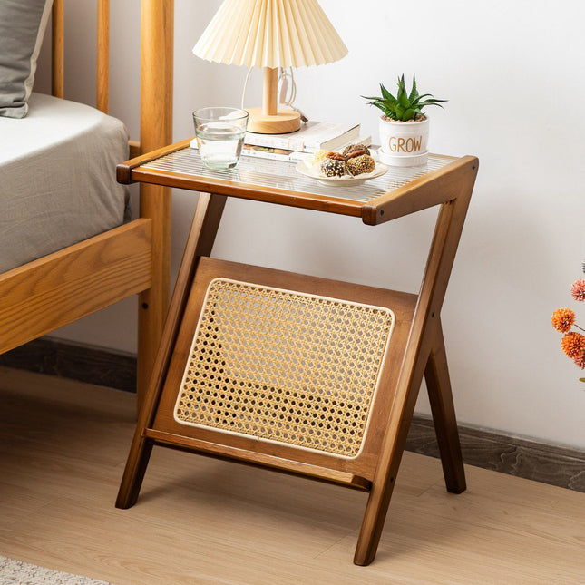 Bamboo Side Table with Rattan Magazine Holder & Glass Top