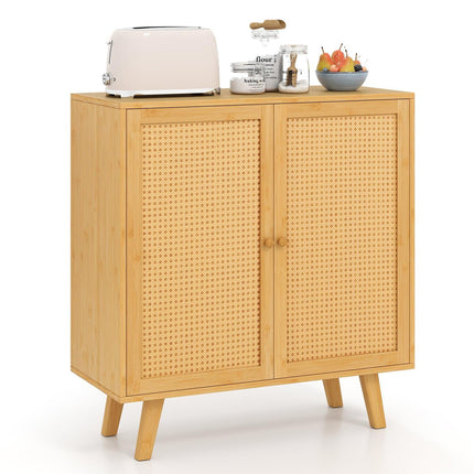 Bamboo Sideboard with 2 Rattan Doors, 80x34.5x85 cm