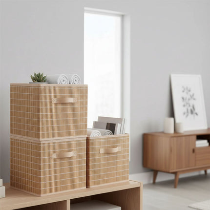 Bamboo Storage Baskets, Foldable With Pull Loop